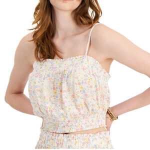 Hippie Rose Smocked Tank Top Junior Women's Crop Top Ivory Floral Square Neck